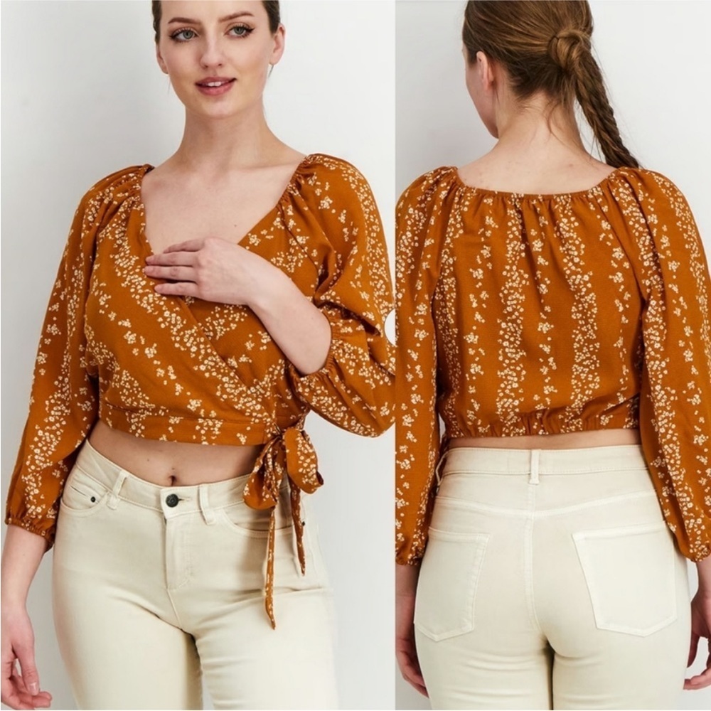 BCBG Paris Cropped Blouse small orange white floral wrap cottagecore prairie